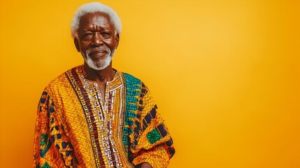 Obraz premium Portrait of a proud elderly African man wearing a traditional vibrant dashiki and trousers standing confidently against a plain marigold colored background with studio lighting