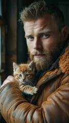 Man Holds an Adorable Kitten in His Arms