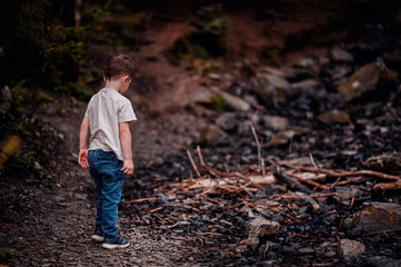 Young Boy Playing with Rocks in Forested Area