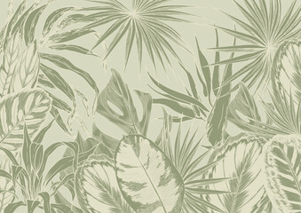 Tropical background with exotic leaves on green background. Vector botanical pattern.
