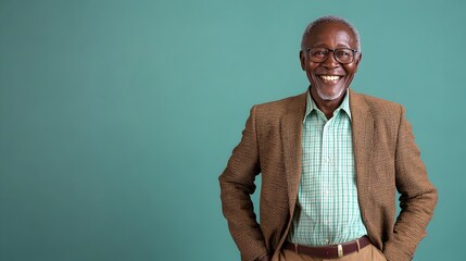 Joyful and confident senior Kenyan man dressed in a professional blazer and slacks posing with a warm smile in a lighting studio setting against a plain jade background
