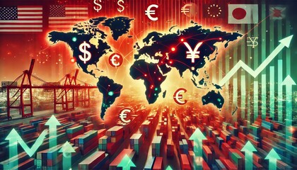 Obraz premium Global Trade Growth World Map Container Shipping Currency Economy Finance Import Export