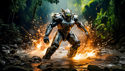 Obraz premium Astronaut, alien, robot in armored spacesuit in action on jungle. Starship troopers, star wars, space exploration, space science. Explosion, unfriendly planet, space war