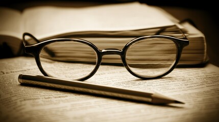 Glasses and Pencil on Open Book with Vintage Feel