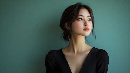 Pensive and Contemplative Young Asian Woman Posing in a Stylish Black Midi Dress Against a Minimalist Sage Green Studio Backdrop with Soft Lighting