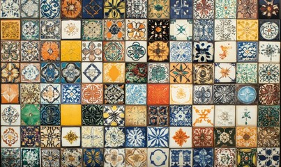 Colorful patterned ceramic tiles wall.
