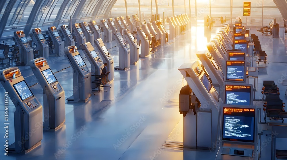 Aufkleber Overhead view of empty airport check in counters with  Flight Canceled  messages displayed on the digital screens bathed in soft morning light