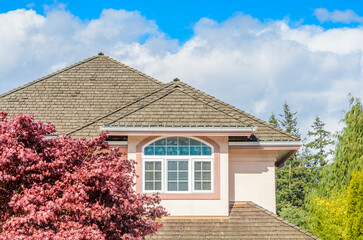 Top of grey stucco luxury house with shingle roof, red and yellow trees and nice windows in Summer in Vancouver, Canada, North America. Day time on June 2024.