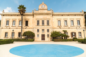 The back of the Giorgio La Pira town hall, a building located in Pozzallo in the Free Municipal Consortium of Ragusa, Eastern Sicily, Italy