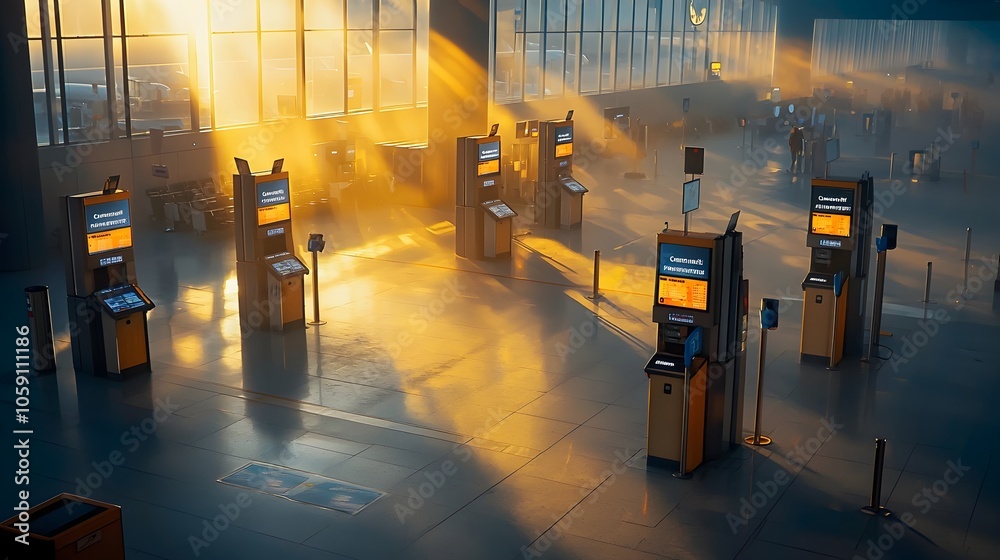 Aufkleber Overhead view of empty check in counters at an airport terminal with  Flight Canceled  messages displayed on the screens bathed in soft morning light creating an atmospheric and abandoned scene