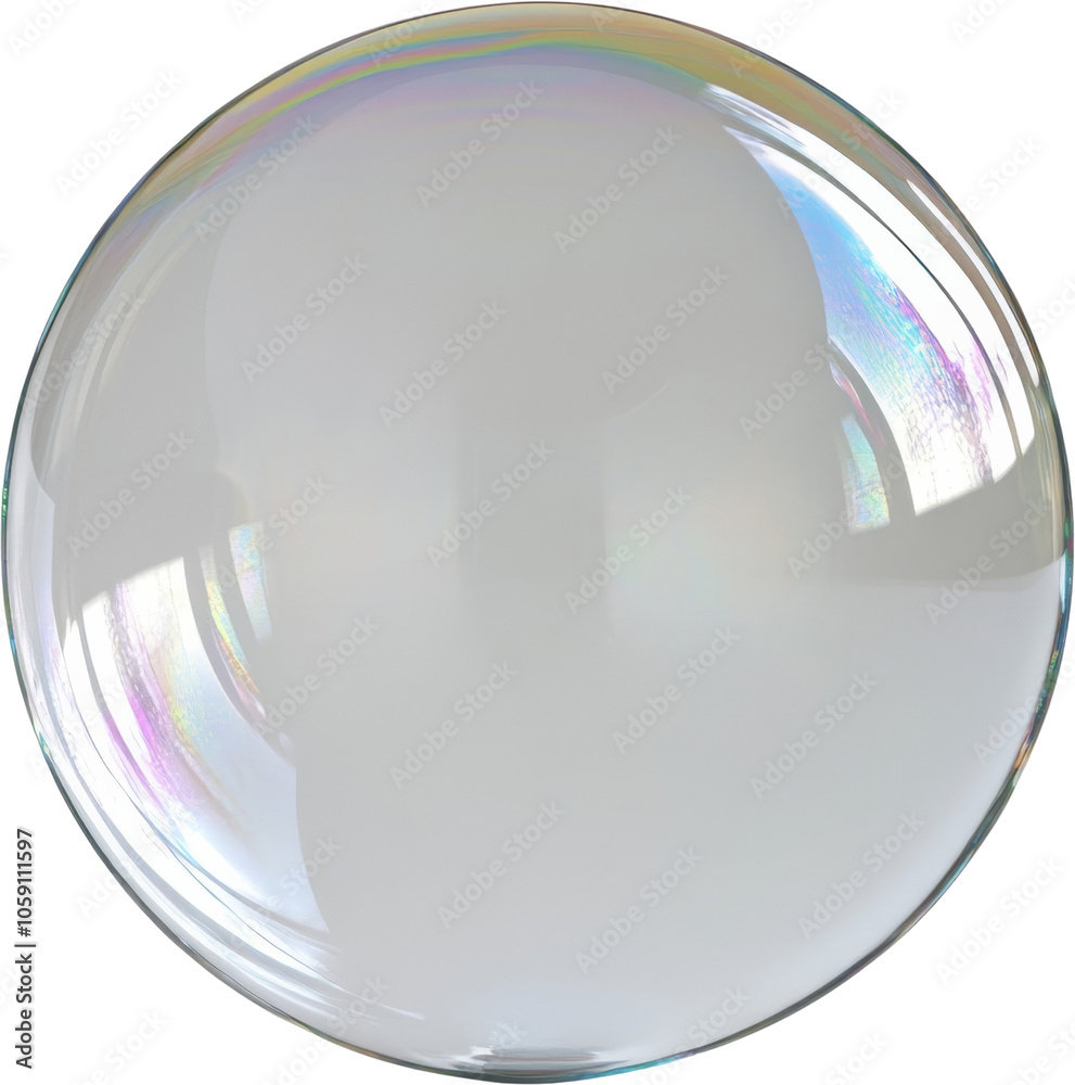 Poster Close-up of a colorful soap bubble against a transparent background. Optical reflection and light spectrum concept