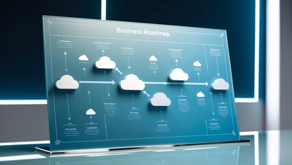 Digital Business Roadmap Displayed on a Futuristic Glass Board, Featuring Cloud Icons and Flowchart Elements, Set in a Modern Office Environment with Blue Lighting.