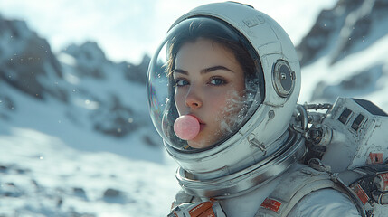 A girl in a spacesuit blows a bubble from chewing gum
