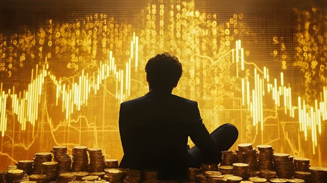 Businessman Strategically Placing Gold Coins on Market Graph Symbolizing Smart Investment Growth