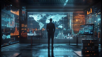 Businessman Reviewing Futuristic Digital Portfolio in Holographic Trading Room