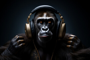 Gorilla with headphones on black background