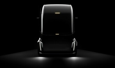 Obraz premium Black electric semi-truck with headlights on.