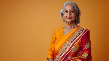 Obraz premium Gracefully Grateful Senior Indian Woman Dressed in Vibrant Sari Stands With Poise and Contentment Against Plain Burnt Orange Studio Backdrop