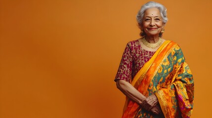 Obraz premium Portrait of a graceful and happy senior Indian woman wearing a vibrant colorful traditional sari and posing with a warm