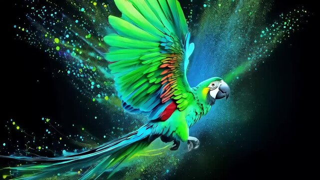Radiant Parrot Soaring in a Burst of Neon Green and Electric Blue