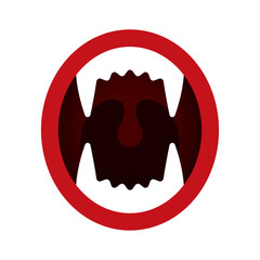 Vector warning symbol with a red circle, resembling the open mouth of a predatory beast with sharp fangs. Isolated on white background