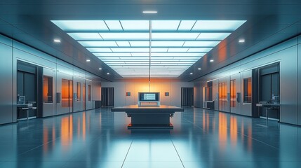 Obraz premium A futuristic hallway with a large table in the center, surrounded by doors and a reflective floor.