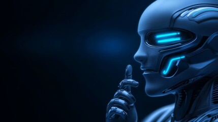 Portrait of modern robotic face of an AI on a dark blue background. Banner with copy space