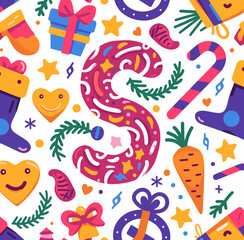 Obraz premium Simple vector illustration of a Christmas-themed pattern with carrots, gifts, and boots on a light background, with the letter 