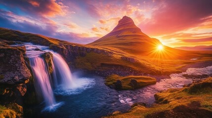 Sunset Over a Mountain and Waterfall