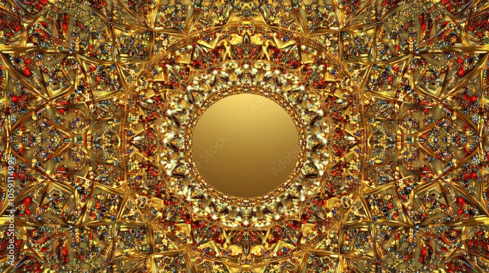 Poster Bright gold background with shimmering triangular patterns on the edges, forming a sophisticated frame around an empty center for text
