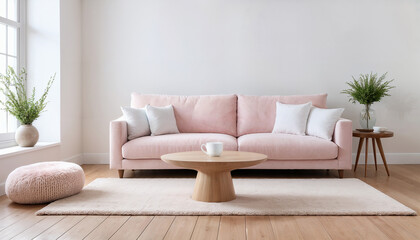 modern light living room with pastel pink couch and wooden table