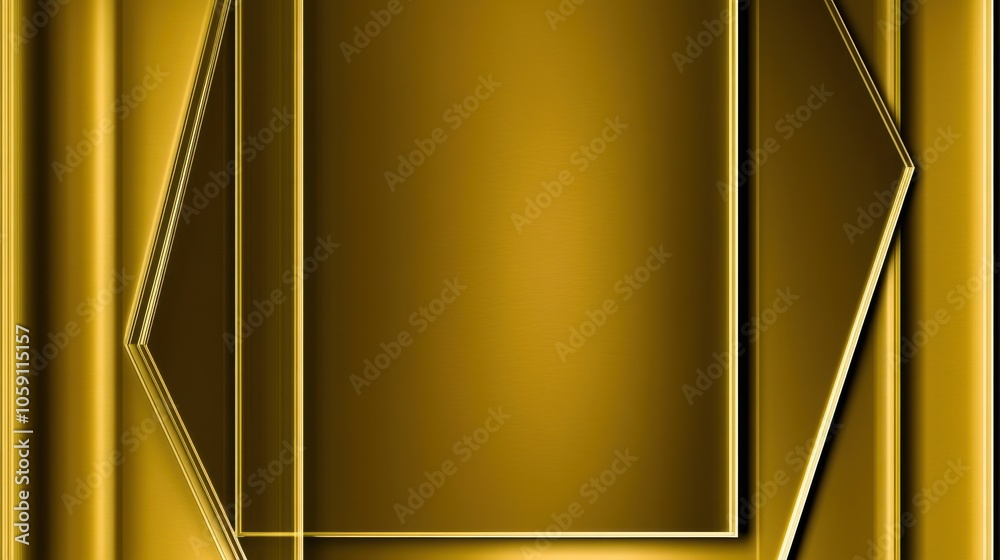 Poster Elegant gold-toned background with thin, overlapping lines and hexagonal shapes in soft gradient hues, framing an empty middle for text