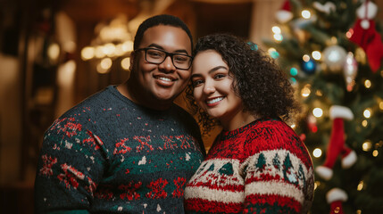 Fototapeta premium Smiling couple in festive holiday sweaters standing together by a Christmas tree, celebrating the season with warmth and joy