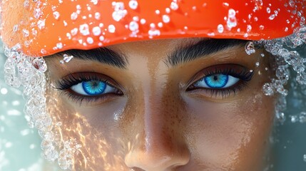 Close-Up of Woman with Blue Eyes and Orange Swim Cap in Water
