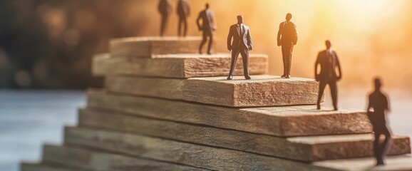A group of business professionals in suits ascends a wooden staircase, representing ambition and success. The golden sunset casts a warm glow over the scene, enhancing the symbolism of progress