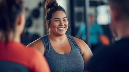 Smiling plus-size woman in a gray sports top during a group workout, engaging with others in a supportive gym environment, enjoying fitness