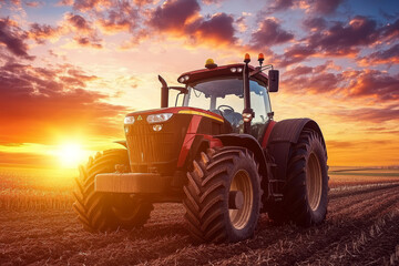 Fototapeta premium modern tractor silhouetted against colorful sunset in rural landscape, showcasing its powerful design and vibrant surroundings. scene evokes sense of tranquility and hard work