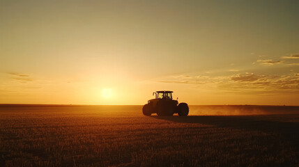 Fototapeta premium modern tractor silhouetted against stunning sunset in vast field, creating serene and picturesque farming scene