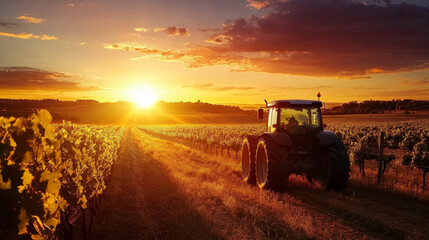 Fototapeta premium modern tractor in vineyard at sunset, surrounded by lush grapevines, creates serene and picturesque farming scene. warm colors of sunset enhance beauty of landscape