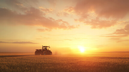 modern tractor working in golden field at sunset, showcasing advanced farming technology and serene agricultural landscapes