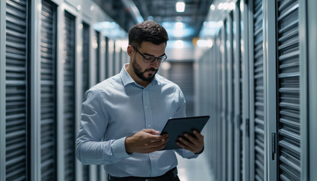 It technician using tablet computer while working in data center