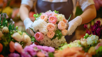 Florist arranging a beautiful bouquet of pink and white flowers, creating a floral composition with delicate blossoms and lush greenery
