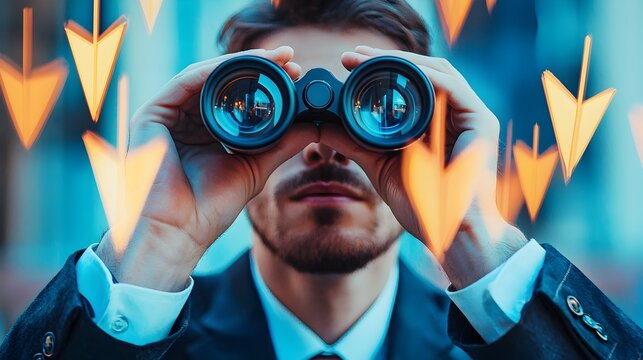 Businessman Focusing Intently with Binoculars on Distant Goals and Arrows of Success