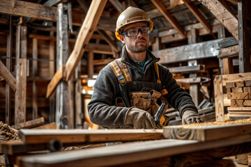 Construction worker using nail gun on wooden beam in building renovation