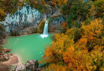 Aerial view of of Ilıca Waterfall in Küre Mountains National Park, Turkey