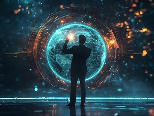 Businessman Utilizing Futuristic Globe Targeting System for International Expansion and Business Goals