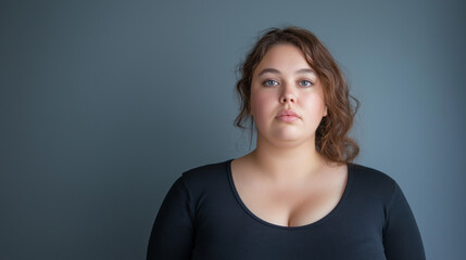 Obraz premium Thoughtful plus-size woman in a black top, standing against a gray background with a calm and reflective expression