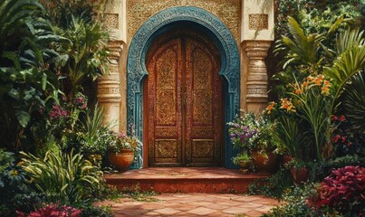 Fototapeta premium Ornate door entrance with lush tropical plants.