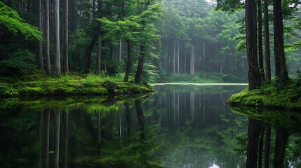 Obraz premium A serene forest landscape with a calm lake reflecting lush greenery.