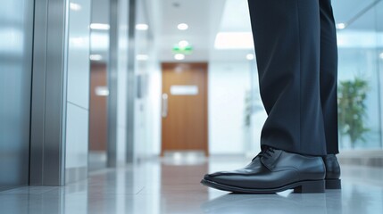 Fototapeta premium Business Professionals Entering Executive Meeting - Focused Team Preparing for High-Stakes Discussion in Elevator Polished Shoes Reflecting Professionalism